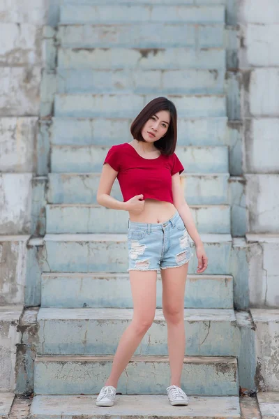 Portrait Asian Woman Sit Road Beautiful Thailand People Happy Woman — Stock Photo, Image