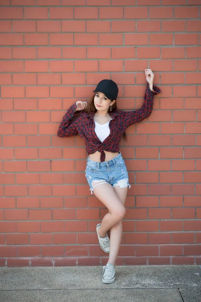 Portrait Asian Hipster Girl Brick Wall Background Hippie Dress Style — Stok Foto