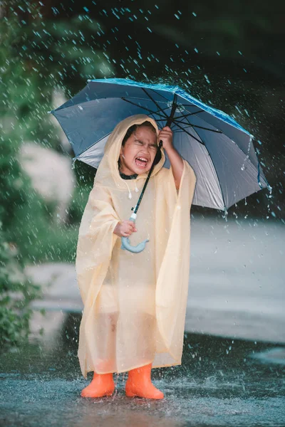 Portrait Cute Little Girl Wearing Raincoat Holding Umbrella Raining Thailand — Stock Photo, Image