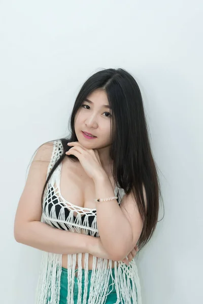 Portrait Sexy Asian Woman Touch Her Hair White Background — Stok Foto