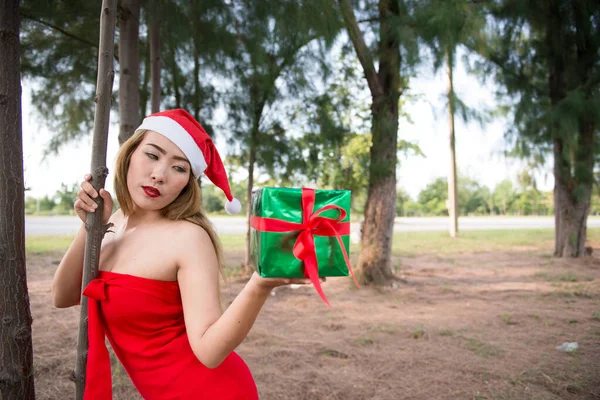 Sexy Santa Menina Vestido Vermelho Floresta Tem Uma Caixa Presente — Fotografia de Stock