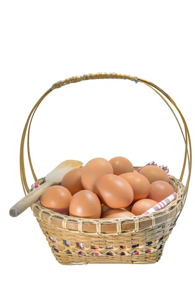 Eggs Basket Paddle Yellow Pumkin White Background — Stock Photo, Image