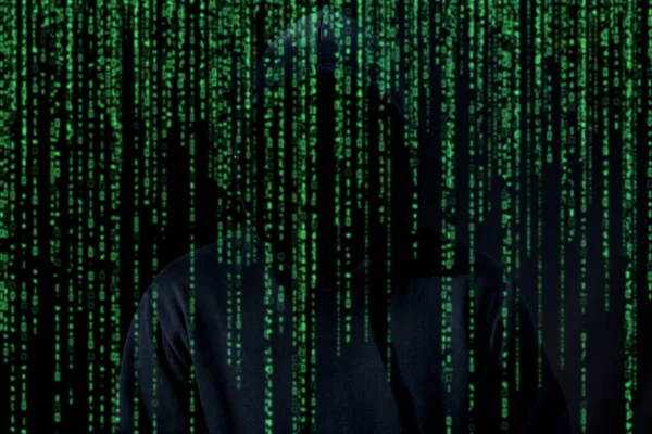 Asiatisk Hacker Svart Huva Svart Bakgrund — Stockfoto