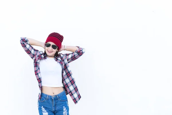 Porträt Der Schönen Asiatischen Hipster Mädchen Auf Weißem Wandhintergrund — Stockfoto