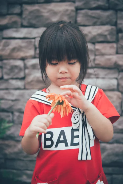 Primo Piano Bambina Fiore Mano Stile Vintage Tono Pastello Tono — Foto Stock