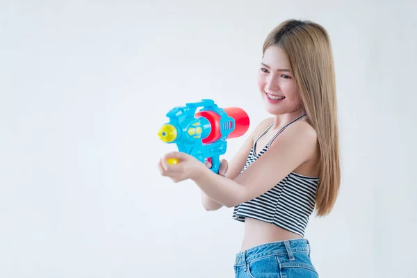 Asian Beautiful Woman Gun Water Hand White Background Festival Songkran — стокове фото