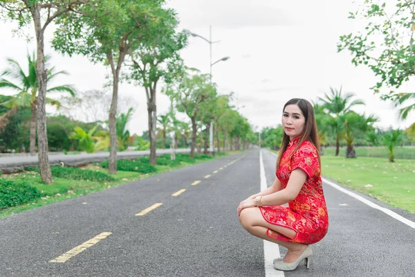 Gelukkig Chinees Nieuwjaar Aziatische Vrouw Draagt Traditionele Cheongsam Kleding Portret — Stockfoto