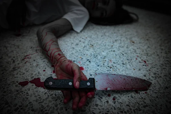 Mooie Aziatische Vrouw Met Mes Hand Moord Misdrijf Concept Bloed — Stockfoto