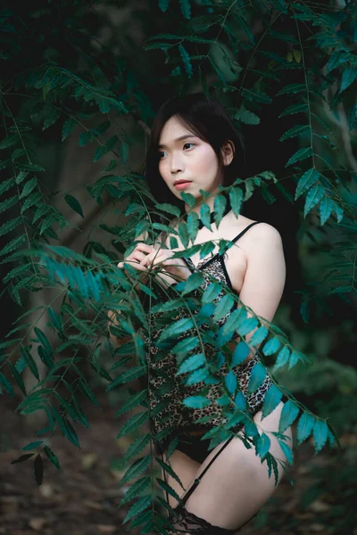 Портрет Азиатской Привлекательной Женщины Носить Платье Тигра Лесу Таиланд — стоковое фото