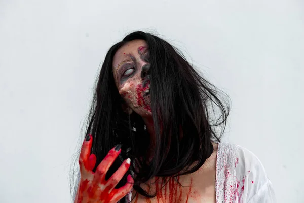 Portrait Asian Woman Make Ghost Face Blood White Background Horror — Stock Photo, Image