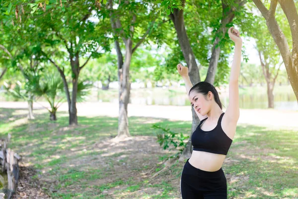 Asian Woman Black Sport Bra Warm Body Prepare Exercise Slim — Stock Photo, Image