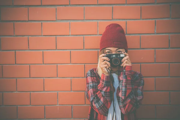 Portrait Asian Hipster Girl Camera Hand Brick Wall Background She — Stock Photo, Image