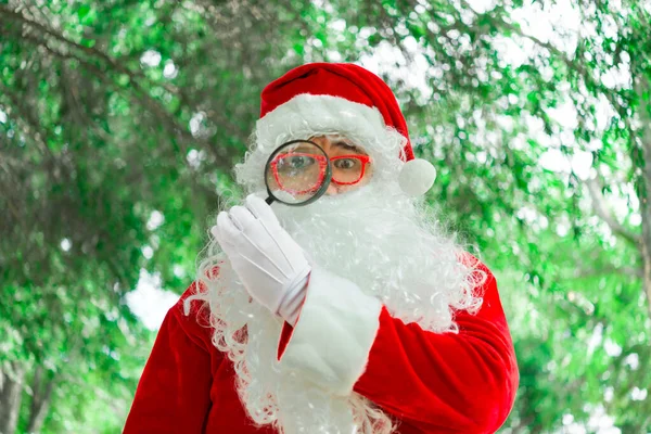 Portré Mikulás Bokeh Fény Alatt Boldog Karácsonyt Koncepció — Stock Fotó