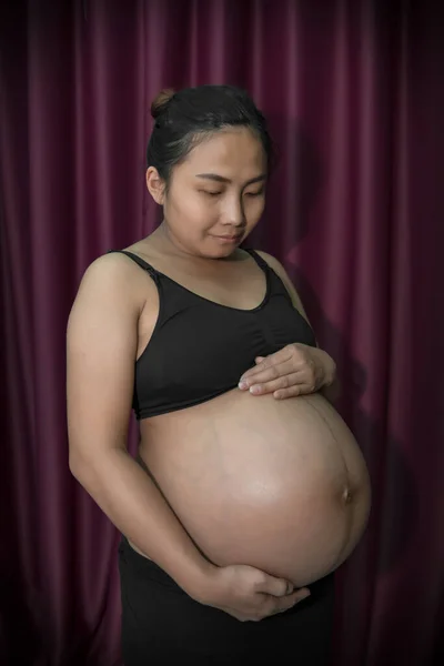 Embarazada Mujer Asiático Uso Mano Toque Vientre — Foto de Stock