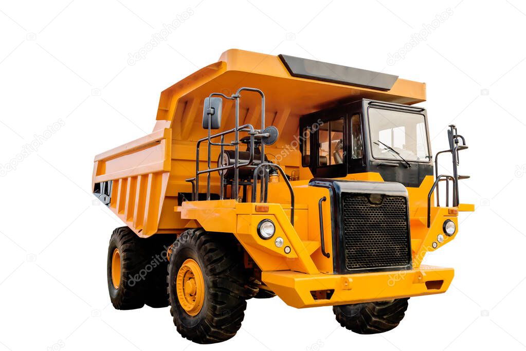 Big yellow mining truck on white background