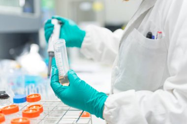 Bilim adamı deney için örnek hazırlıyor, teçhizatın test öncesi kontrol listesi, seçici odaklanma