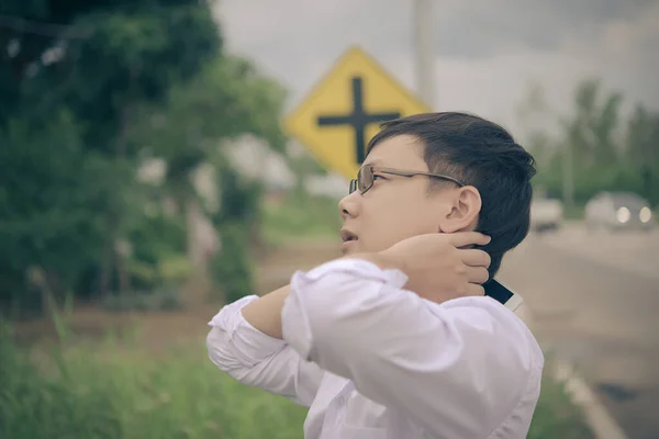 Smart Man Feeling Very Sad Side Road Vintage Style Film — Stock Photo, Image