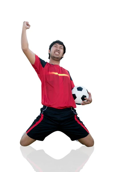 Giocatore Calcio Vincitore Con Palla Isolata Sfondo Bianco Questo Percorso — Foto Stock