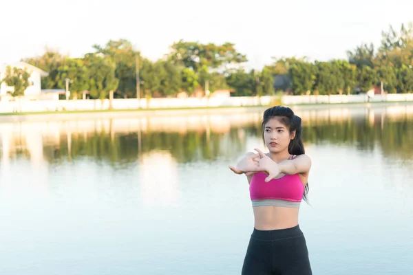 Mulher Magra Asiática Aquecer Antes Exercício Uma Manhã Exercício Slim — Fotografia de Stock
