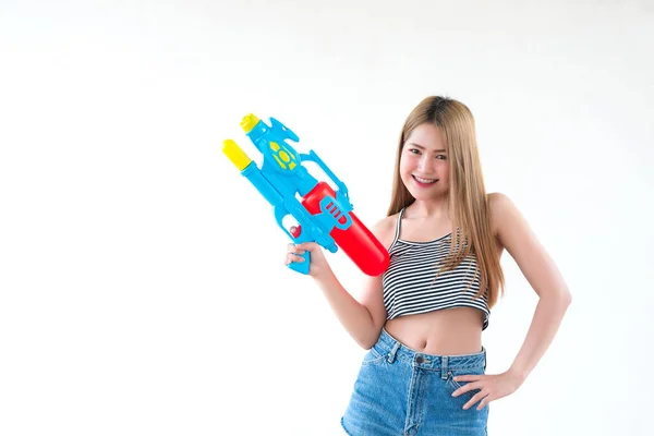 Asian Beautiful Woman Gun Water Hand White Background Festival Songkran — стокове фото