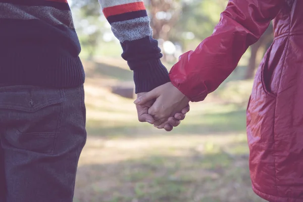 Closeup Loving Couple Holding Hands Vintage Style Happy Valentines Day — Stock Photo, Image