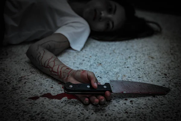 Beautiful Asian Woman Holding Knife Hand Murder Crime Concept Blood — Stock Photo, Image