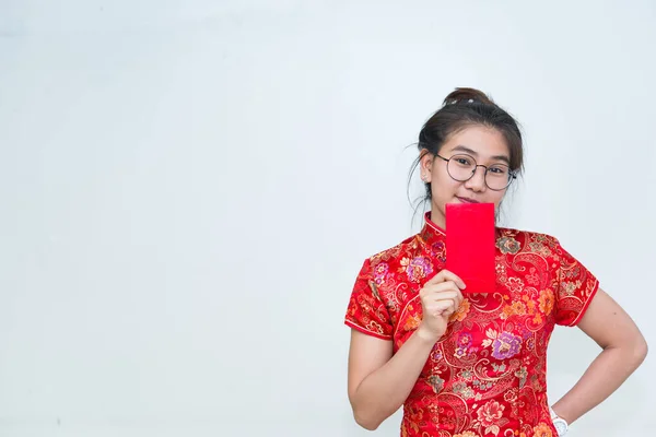 Retrato Bela Mulher Asiática Vestido Cheongsam Conceito Feliz Ano Novo — Fotografia de Stock