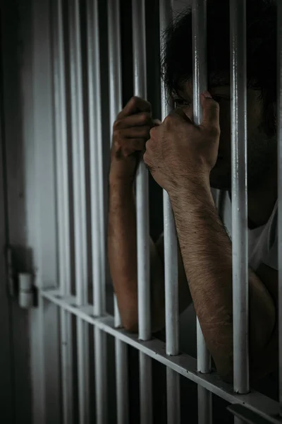 Hands Men Desperate Catch Iron Prison Prisoner Concept Thailand People — Stock Photo, Image