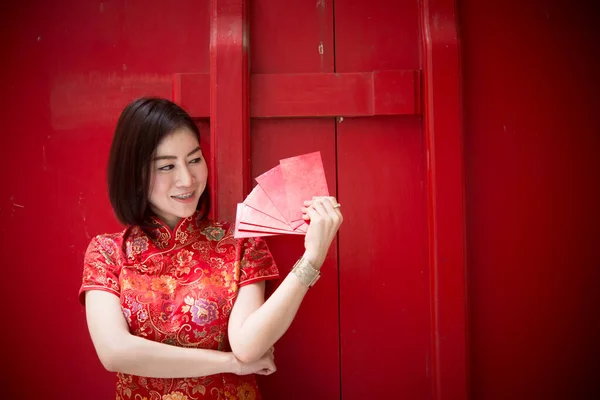 Porträt Einer Schönen Asiatin Cheongsam Kleid Thailändische Menschen Glückliches Chinesisches — Stockfoto