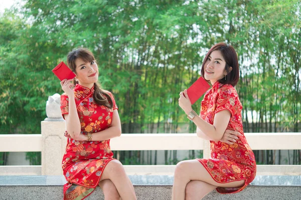 Portrait Two Beautiful Asian Women Cheongsam Dress Thailand People Happy — Stok Foto