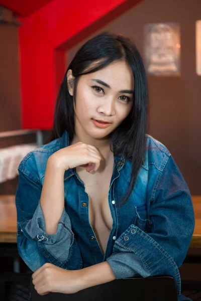 Portrait Asian Sexy Woman Wear Denim Bed Perfect Portrait Thailand — Stock Photo, Image