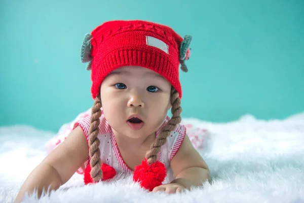 Portrait Cute Asian Baby Pink Dress Carpet Wool Happy Baby — Stock Photo, Image