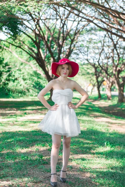 Portrait Beautiful Thai Woman White Dress Gold Hairs Wear Red — 图库照片