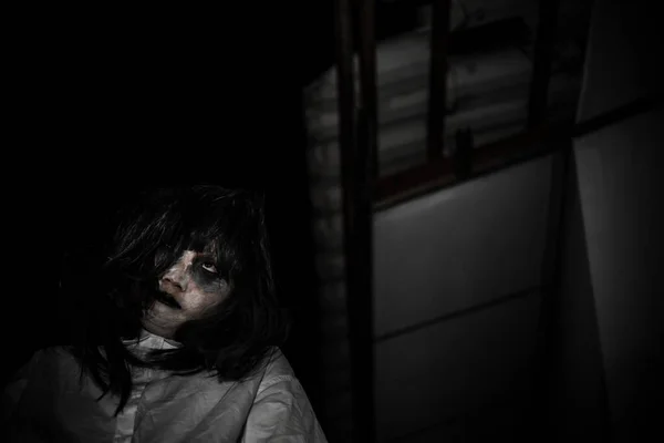 Portret Van Aziatische Vrouw Make Spook Gezicht Horror Scene Enge — Stockfoto