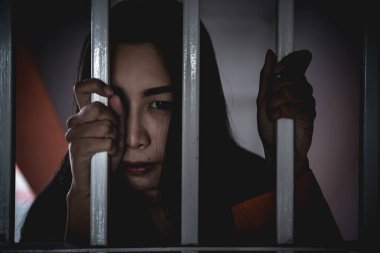 Demir hapishaneyi yakalamak için çırpınan kadın portresi, mahkum konsepti