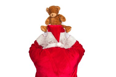 Beyaz arka planda oyuncak ayıyla Noel Baba 'nın portresi