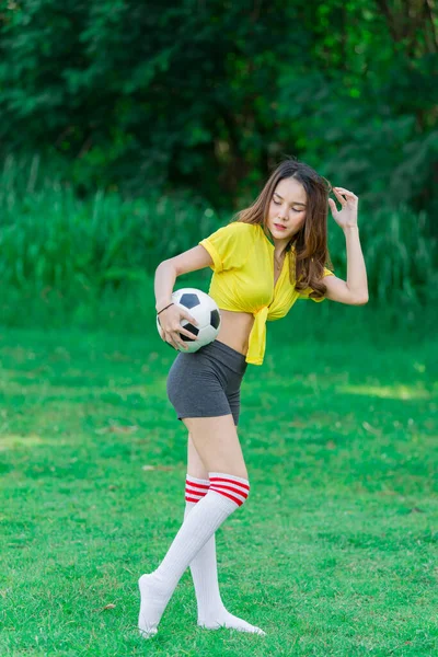 Portret Van Sexy Aziatische Vrouw Dragen Voetbal Speler Jurk World — Stockfoto