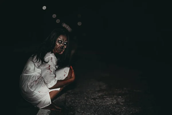 Portrait Asian Woman Make Ghost Face Horror Scene Scary Background — Stock Photo, Image