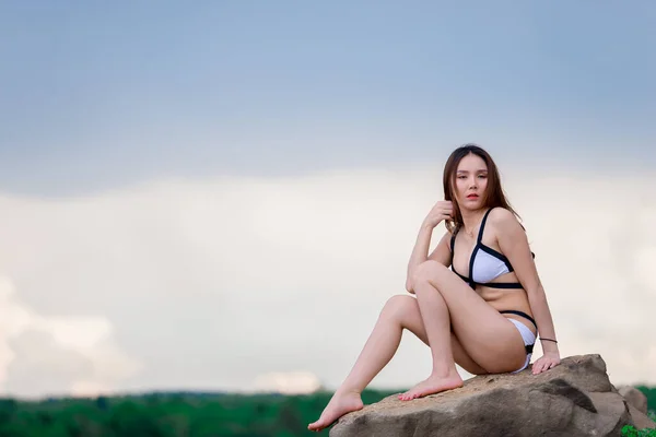 Portrait Beautiful Asian Sexy Woman Wear Bikini Rock Side Sea — Stock Photo, Image