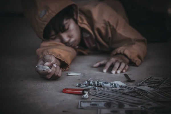 Asian Guy Hooked Faint Because Drug Overdose World Drug Day — 스톡 사진