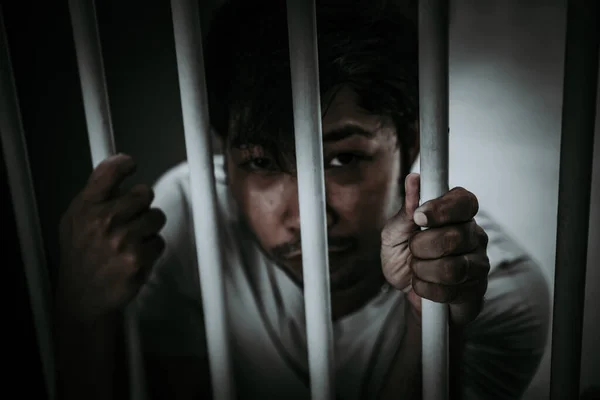 Hands Men Desperate Catch Iron Prison Prisoner Concept Thailand People — Stock Photo, Image