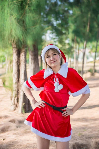 Beautiful Young Asian Woman Santa Claus Clothes Outdoors — Stock Photo, Image