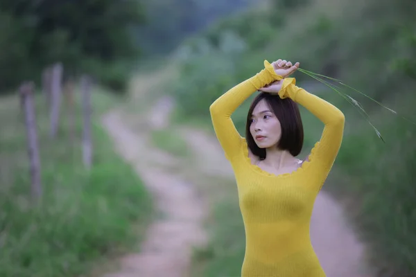 Retrato Hermosa Mujer Asiática Llevar Vestido Amarillo Campo Tailandia Personas —  Fotos de Stock
