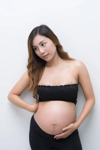 Mujer Embarazada Vestido Blanco Toque Vientre Sobre Fondo Blanco Mujer — Foto de Stock
