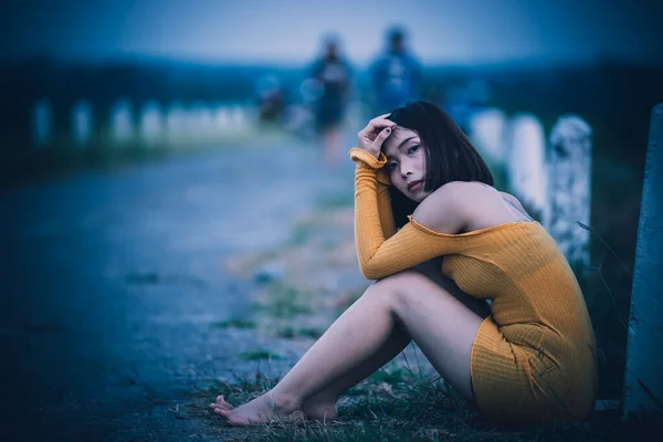 Beautiful Thai Woman Very Sad Unrequited Love Rethink Think Vintage — Stock Photo, Image