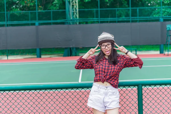 Portrait Asian Hipster Girl Tennis Court Thailand People Wear Glasses — Stok Foto