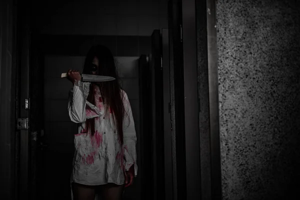 Retrato Mujer Asiática Conforman Cara Fantasma Con Sangre Escena Horror — Foto de Stock