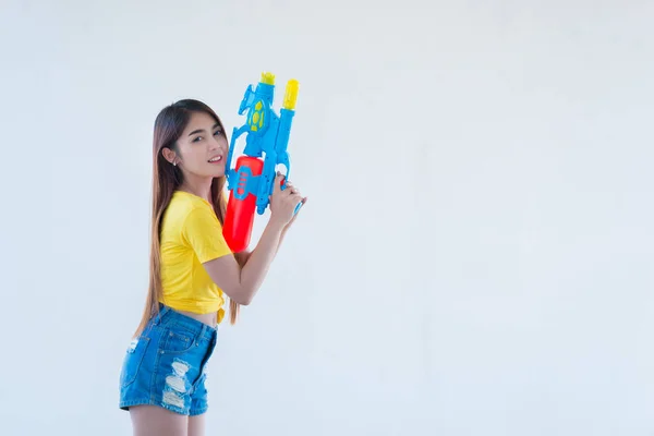 Asian Woman Water Hand White Background Festival Songkran Day Thailand — стокове фото