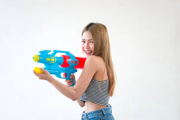 Asian Beautiful Woman Gun Water Hand White Background Festival Songkran — стокове фото