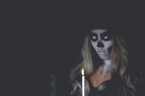 Portret Van Vrouw Make Spookgezicht Mexico Citys Day Dead Parade — Stockfoto